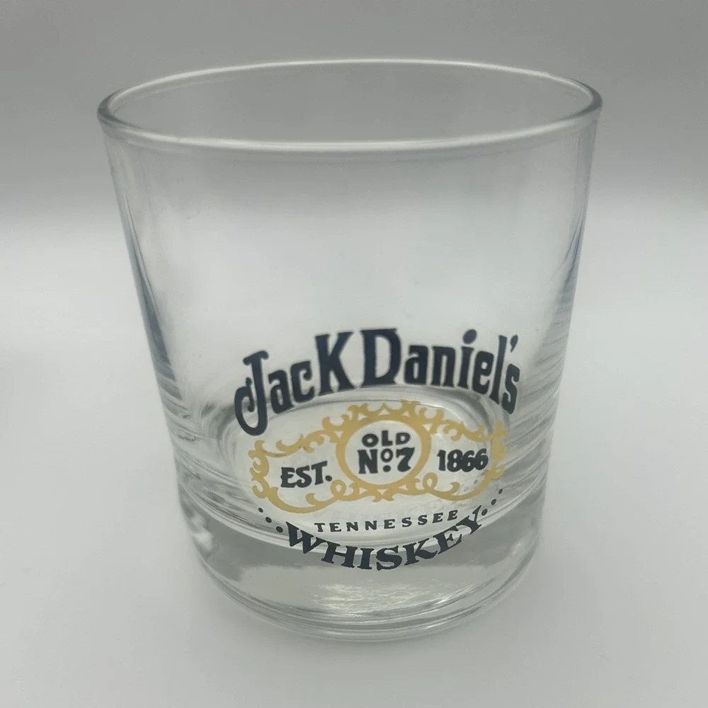 Jack Daniel's Old No. 7 Whiskey Rocks Glass Set of 4 Logo Clear Black Gold 3.5in